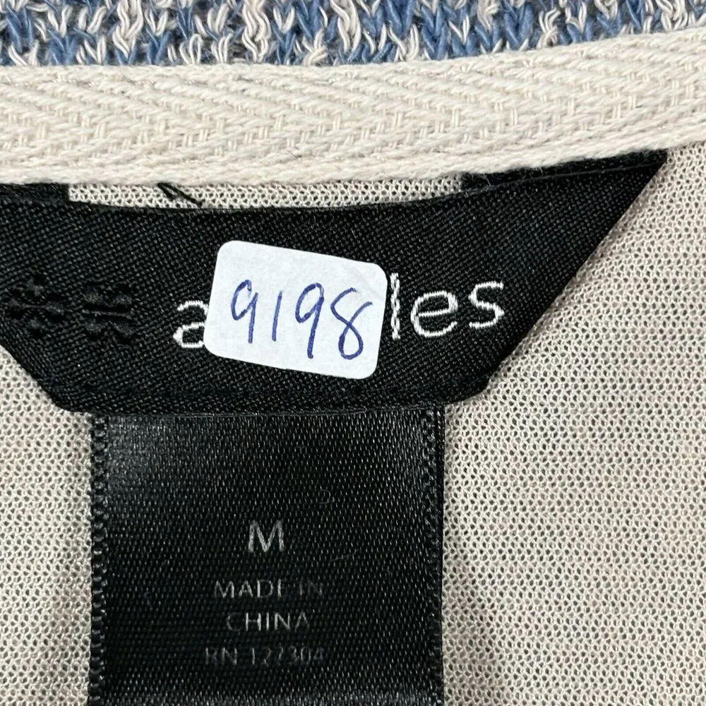Ali Miles‎ Top Size M Knit Blue Beige 3/4 Sleeve Lagenlook Lace Accents